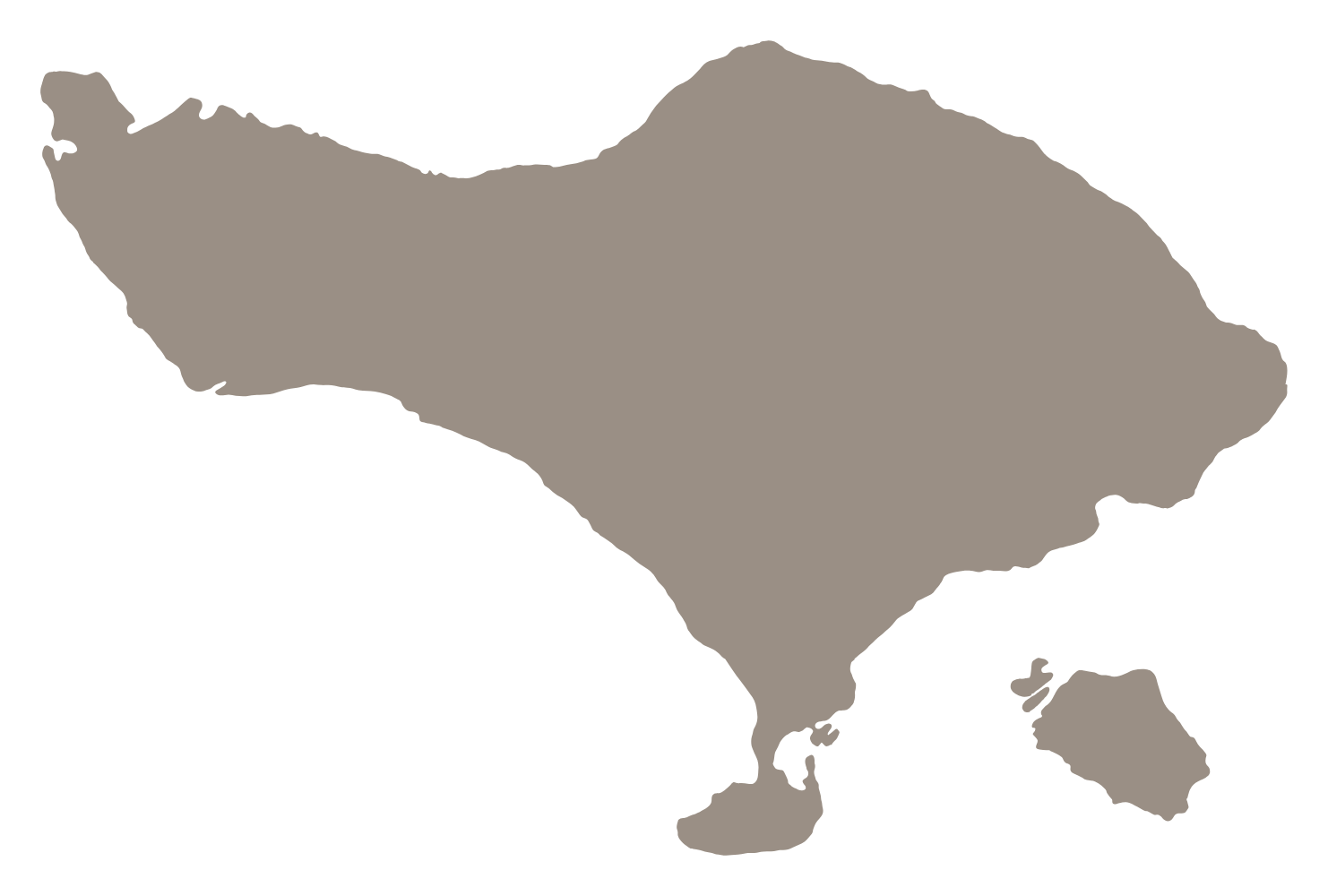 Map of Bali — Keanu near Keramas on the south-east coast, with Ubud, Sanur, the airport, Candidasa, Green School and Bali International Hospital