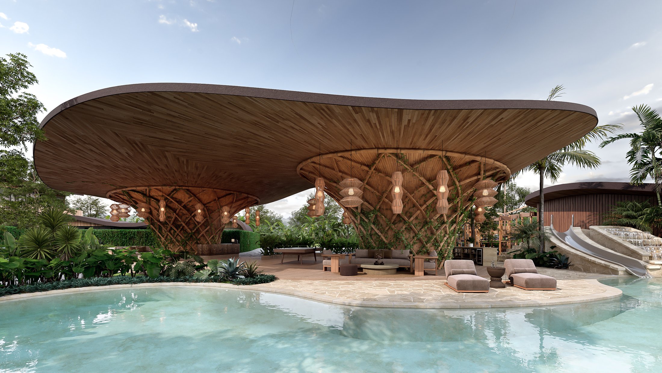Keanu residents' pavilion — sculptural bamboo canopy over the shared pool, with lounge and gardens